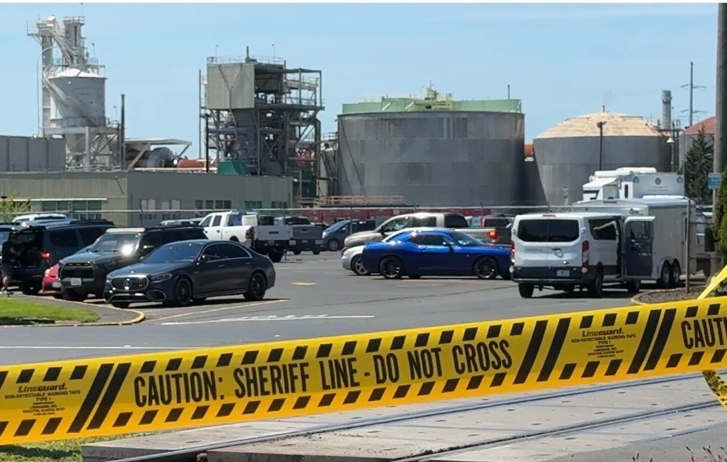 Damage is seen at Nippon Dynawave Packaging Co., after a tank containing hazardous liquid imploded, on Tuesday, May 26, 2026, in Longview, Wash.