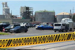 Damage is seen at Nippon Dynawave Packaging Co., after a tank containing hazardous liquid imploded, on Tuesday, May 26, 2026, in Longview, Wash.