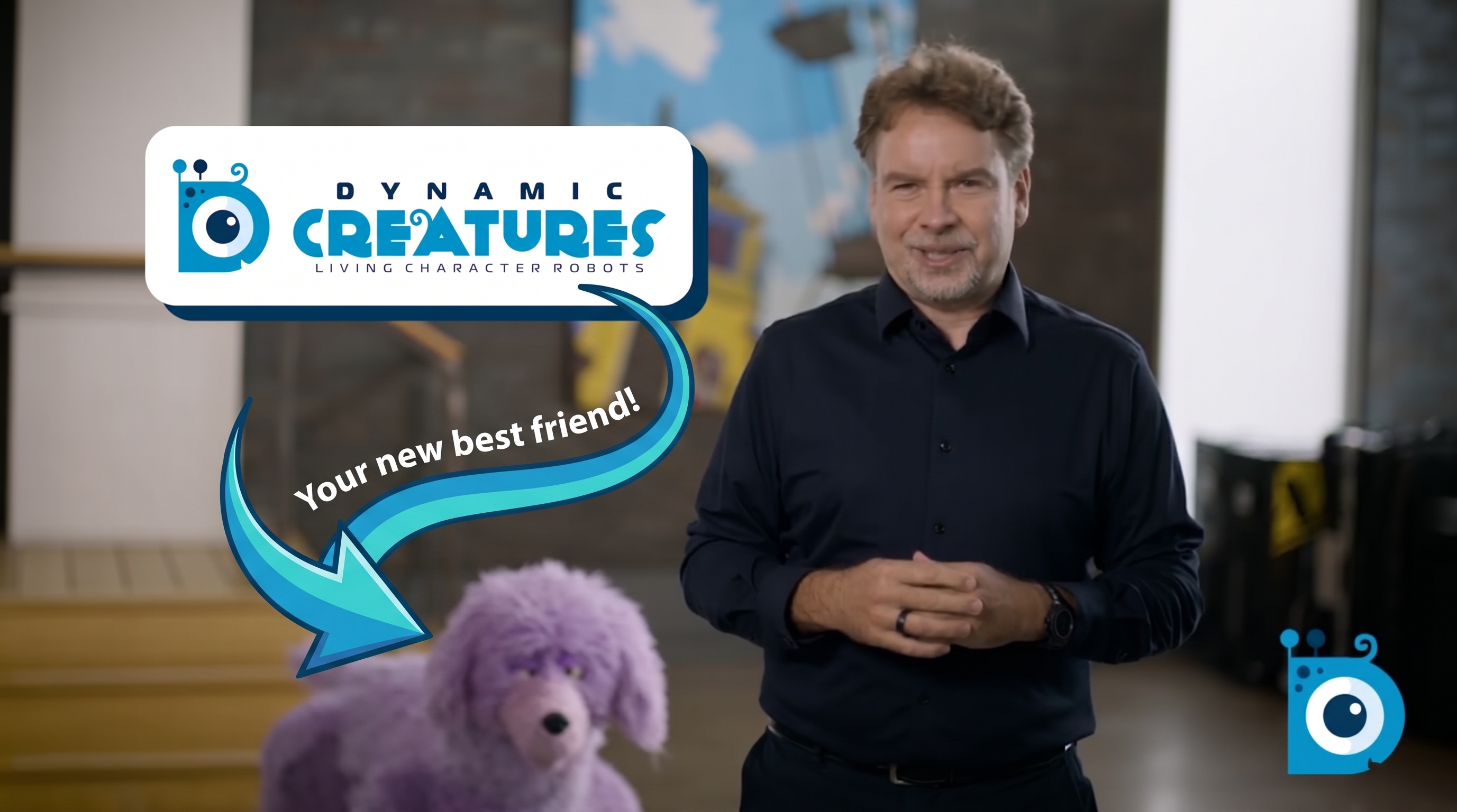 Screenshot of Dynamic Creatures co-founder and CEO Marc Theermann alongside a fluffy purple robot dog.