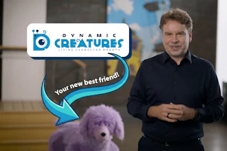 Screenshot of Dynamic Creatures co-founder and CEO Marc Theermann alongside a fluffy purple robot dog.
