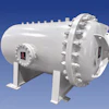 White industrial pressure vessel with bolted end caps and mounting brackets against blue background