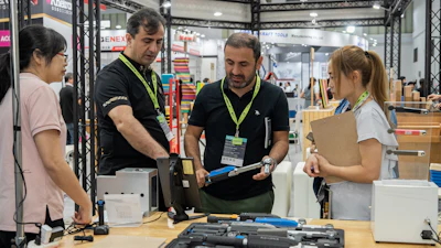 Trade show booth demonstration with staff and visitors examining tools and equipment at an industrial exhibition