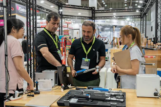 Trade show booth demonstration with staff and visitors examining tools and equipment at an industrial exhibition