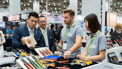 Professionals examining tools and equipment at a trade show booth with green lanyards