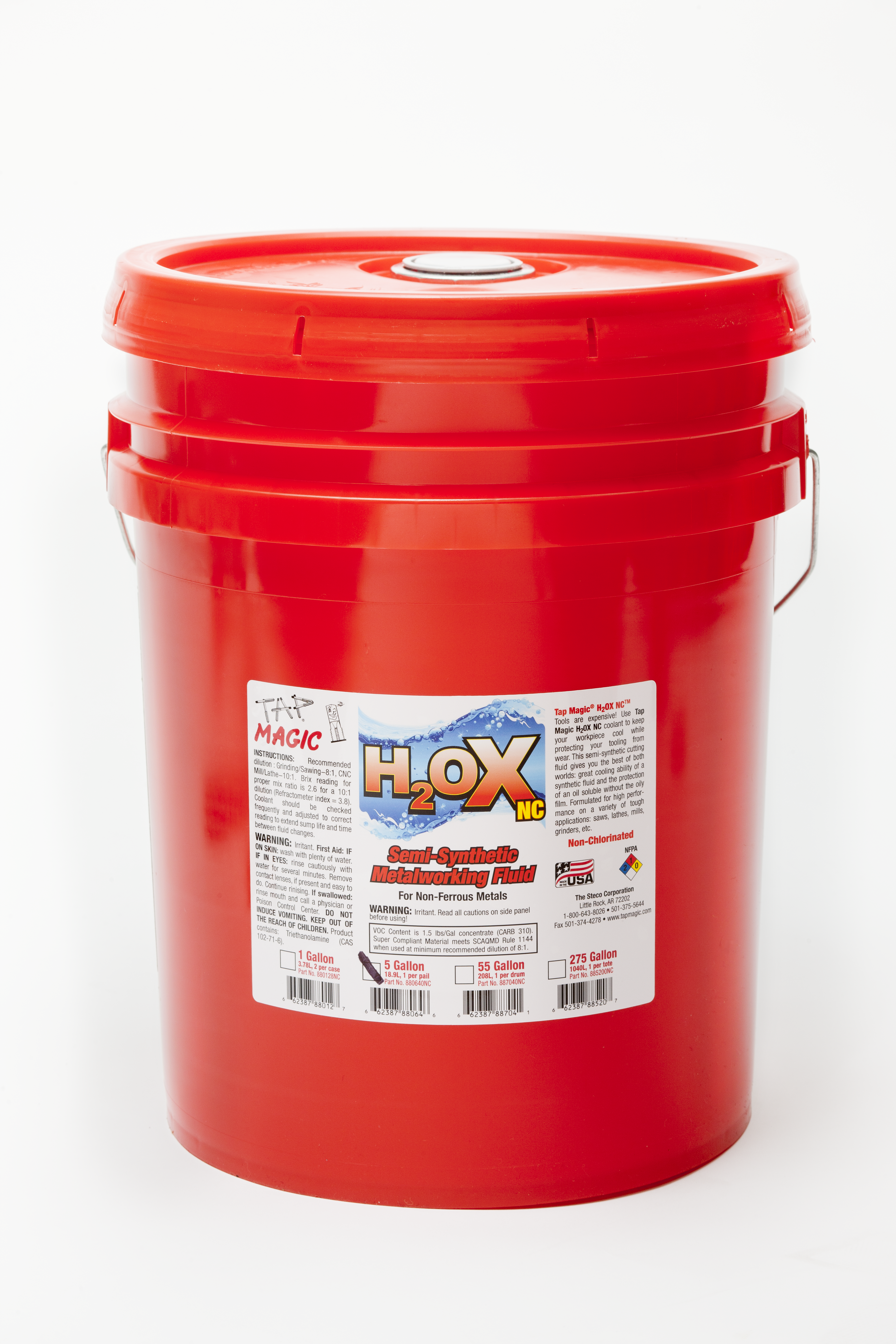 Red H.O.X semi-synthetic metalworking fluid bucket with white label and metal handle