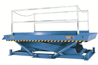 Blue hydraulic scissor lift platform with white safety rails and yellow-black striped bumpers