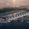 Architectural rendering of a modern waterfront facility with numbered bays overlooking misty landscape and water