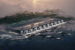 Architectural rendering of a modern waterfront facility with numbered bays overlooking misty landscape and water