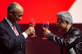 Two professionals toasting with glasses of whiskey against a red background during a formal event