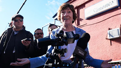 Sen. Susan Collins, R-Maine, speaks to reporters following a campaign stop in Lewiston, Oct. 21, 2026.