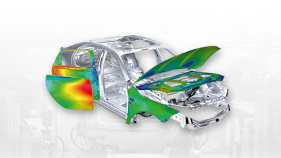 Thermal imaging visualization of car showing heat distribution across body panels and engine components with open doors and hood
