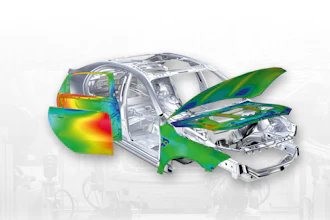 Thermal imaging visualization of car showing heat distribution across body panels and engine components with open doors and hood