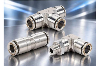 Stainless steel pneumatic push-to-connect fittings and tube connectors with brass accents on reflective surface