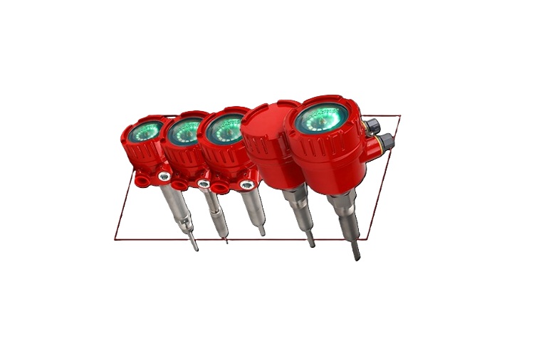 Five red temperature transmitter sensors with green display indicators mounted on a metal plate
