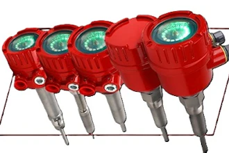 Five red temperature transmitter sensors with green display indicators mounted on a metal plate