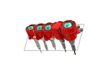 Five red temperature transmitter sensors with green display indicators mounted on a metal plate