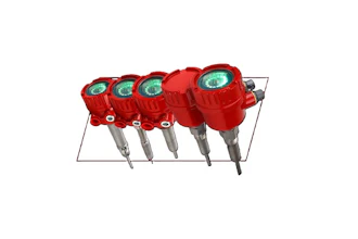Five red temperature transmitter sensors with green display indicators mounted on a metal plate