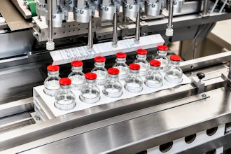 Pharmaceutical filling machine dispensing liquid into clear glass vials with red caps on production line