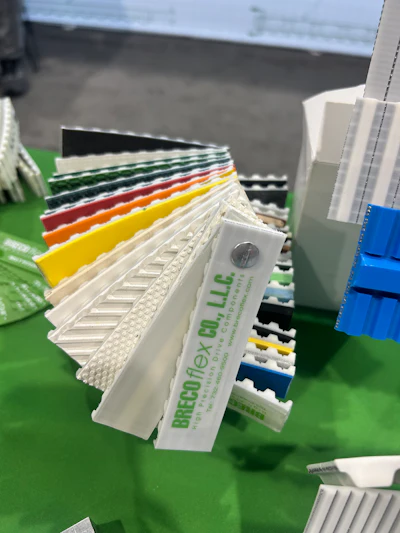 Bioflex material samples display showing multiple colored strips fanned out on green surface