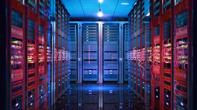 Modern data center server room with red cabinets, neon signage, and blue ambient lighting