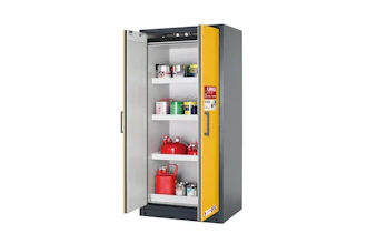 Yellow and gray safety storage cabinet with open door displaying shelves containing red containers and various supplies