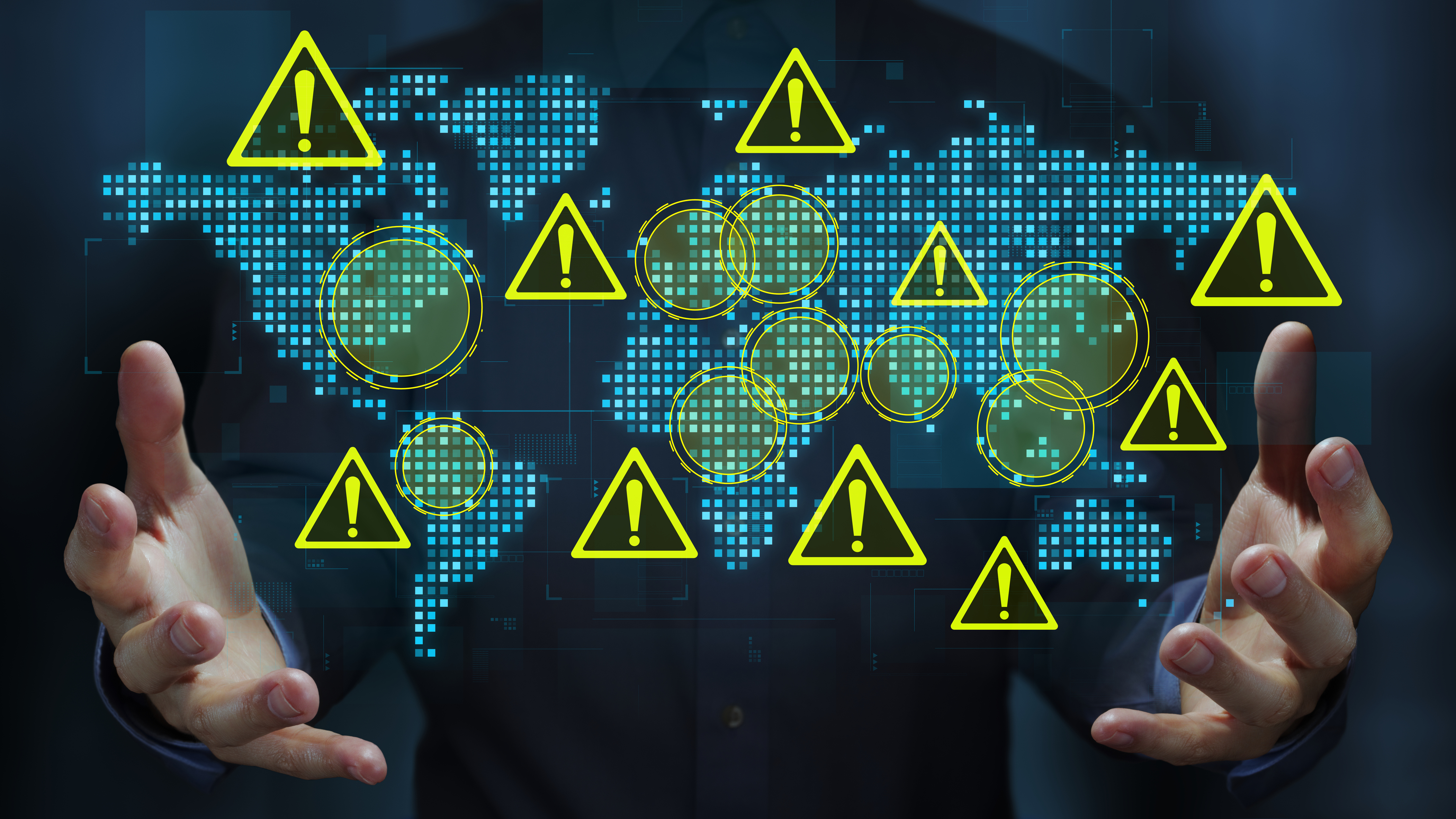 Global cybersecurity threat visualization with warning symbols and digital network indicators on world map