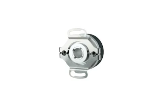 Incremental rotary encoder with gray metal housing, mounting brackets, and central rotating element