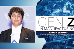 Rayyan Shafqat, student at Brooklyn Technical High School, featured in Gen Z in Manufacturing program promotional graphic with digital technology background