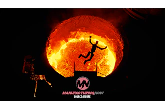 Silhouette of person jumping over hurdle against glowing sun with ManufacturingNow logo