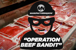 Manufacturing Now branded meme featuring a cartoon character with sunglasses and 'Operation Beef Bandit' text overlaid on packaged red meat display