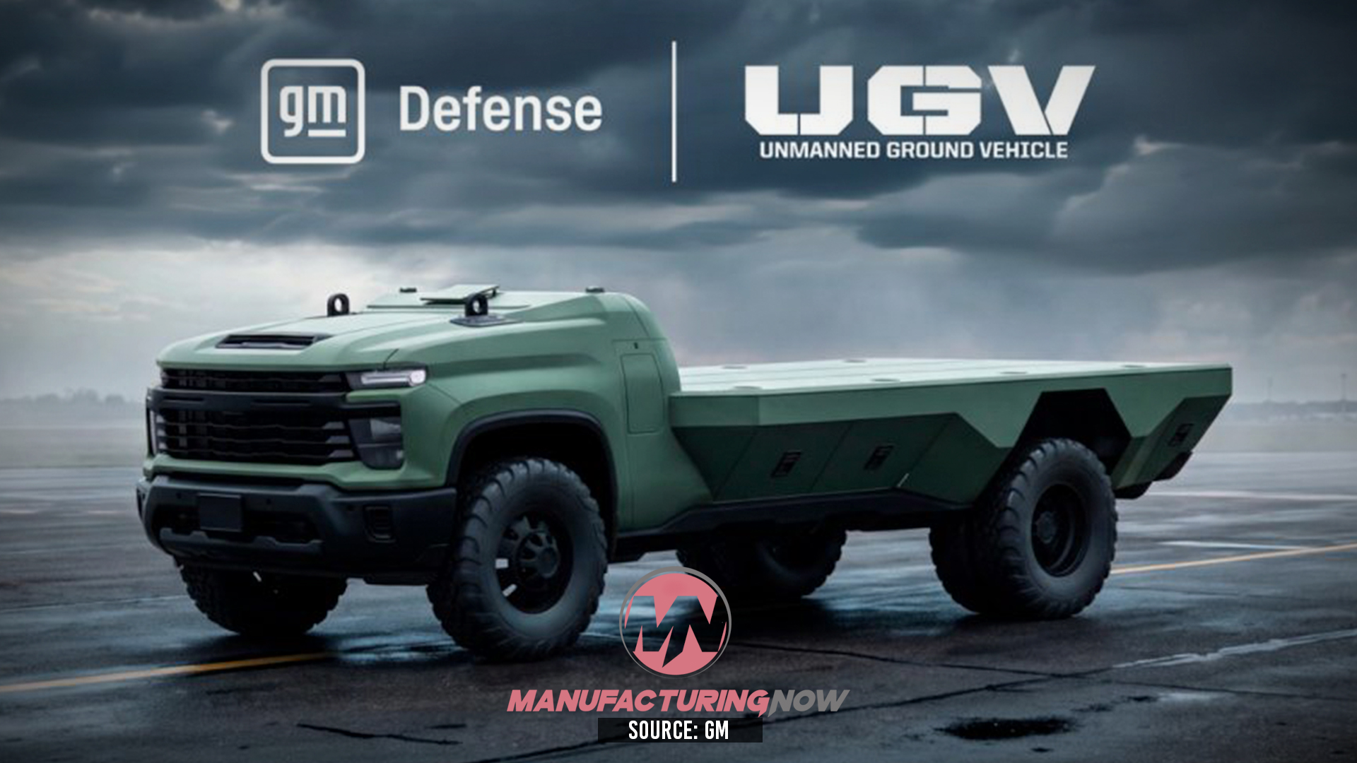 GM Defense UGV unmanned ground vehicle concept in sage green with autonomous capabilities on stormy landscape