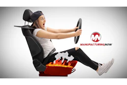 Woman racing video game with flaming controller and Manufacturing Now logo