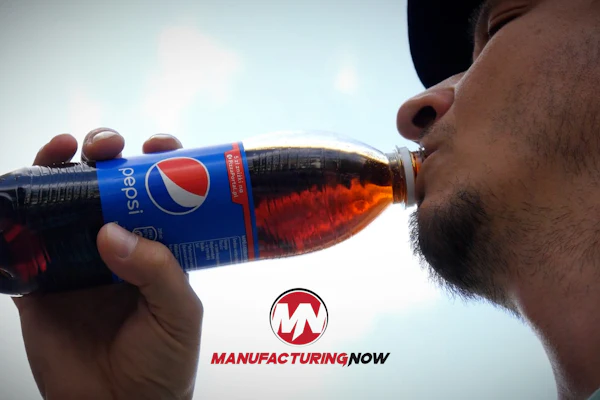 Man drinking from a Pepsi bottle against a cloudy sky with Manufacturing Now branding