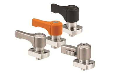 Industrial toggle clamps with stainless steel and colored handles in orange and black