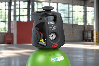 ACE VarioVPR Protect laser level mounted on green pressurized cylinder in industrial workshop