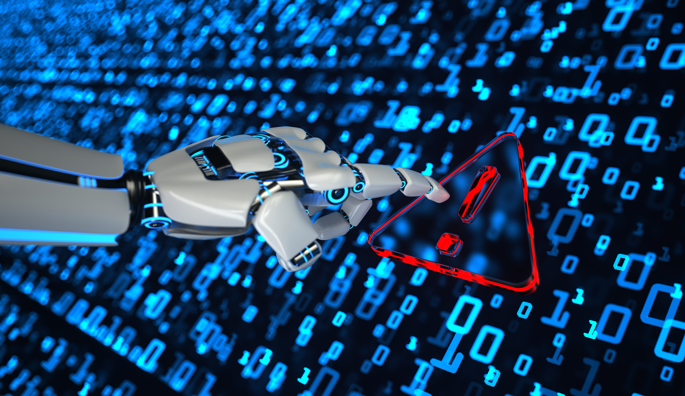 Robotic hand pointing at red warning triangle symbol against digital blue code background