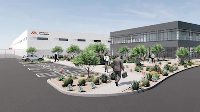 Architectural rendering of modern office and industrial facility with white and gray buildings, desert landscaping, parking area, and people in courtyard.