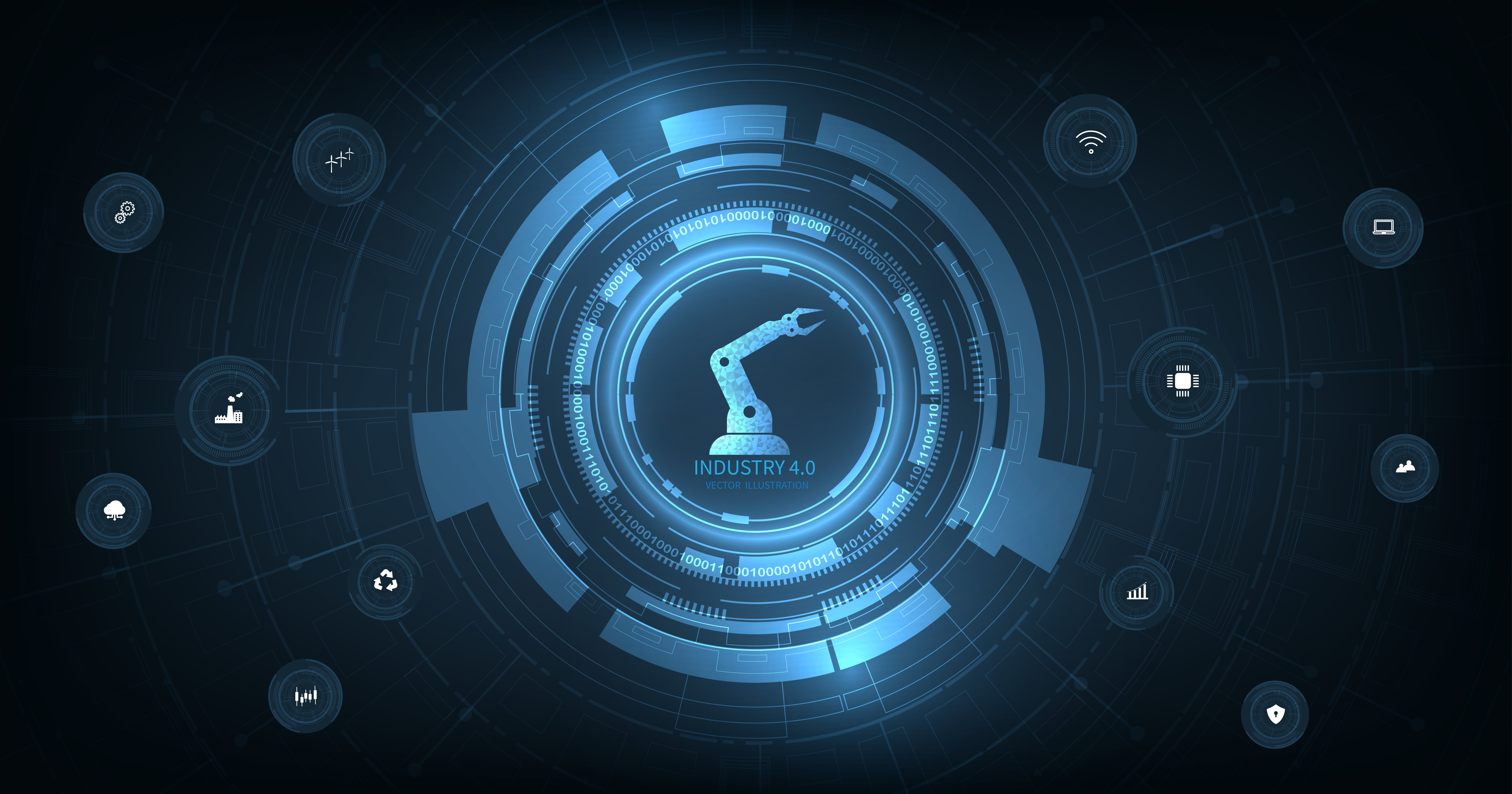 Industry 4.0 technology ecosystem with robotic arm icon surrounded by connected smart manufacturing and automation symbols