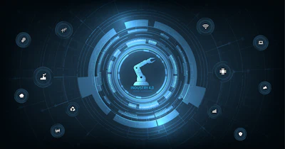 Industry 4.0 technology ecosystem with robotic arm icon surrounded by connected smart manufacturing and automation symbols