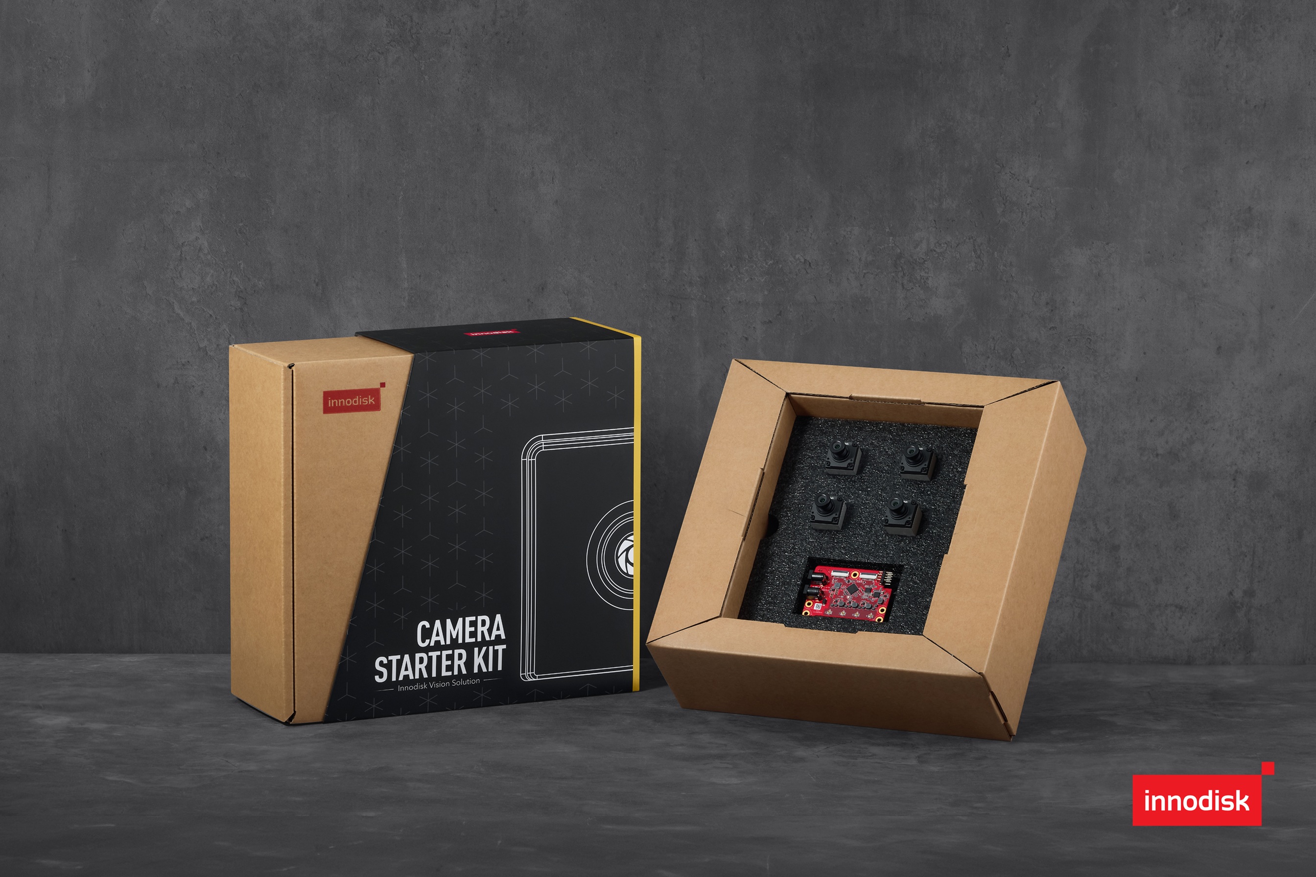 Innodisk Camera Starter Kit packaging with kraft boxes and black protective case containing camera accessories