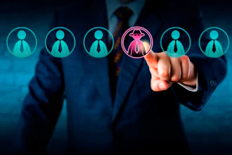 Businessman selecting a highlighted candidate from a row of professional profile icons in a digital recruitment interface