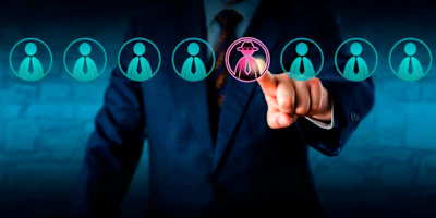 Businessman selecting a highlighted candidate from a row of professional profile icons in a digital recruitment interface