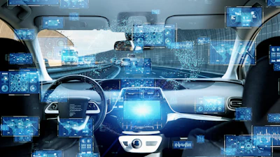 Futuristic car interior with digital dashboard displays and blue holographic interface elements representing autonomous vehicle technology