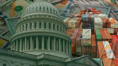 U.S. Capitol dome overlaid with dollar bills and stacked shipping containers symbolizing government, finance, and international trade.