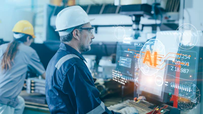 Industrial worker in hard hat using AR technology displaying AI analytics and data metrics on holographic display in manufacturing facility