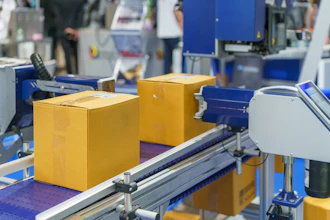 Yellow cardboard boxes moving on industrial conveyor belt in packaging facility with blue machinery