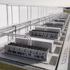 Industrial facility with rows of large rectangular structures under white roof framework and connecting piping systems