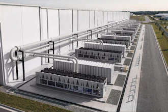 Industrial facility with rows of large rectangular structures under white roof framework and connecting piping systems