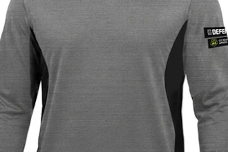 Men's gray long-sleeve shirt with black side panels and DIESEL brand patch on sleeve