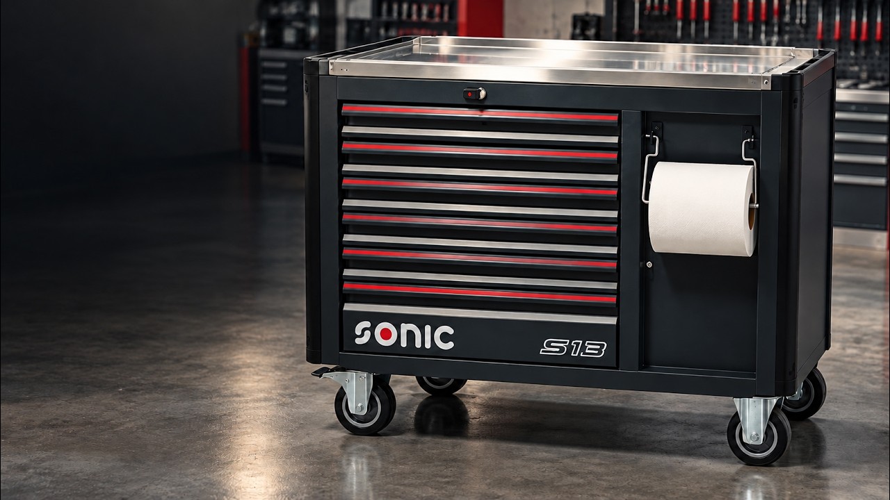 Sonic S19 tool chest with red and black drawers, stainless steel top, and paper towel holder on casters